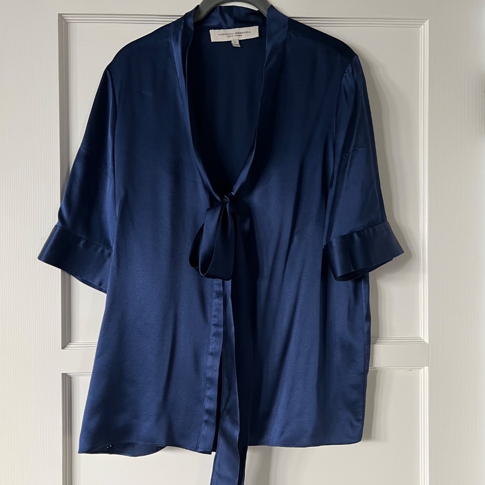 Carolina Herrera Silk Plunge Neckline Blouse with Tie